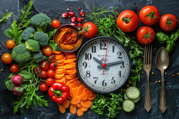 a variety of fresh vegetables arranged around a wall clock.  