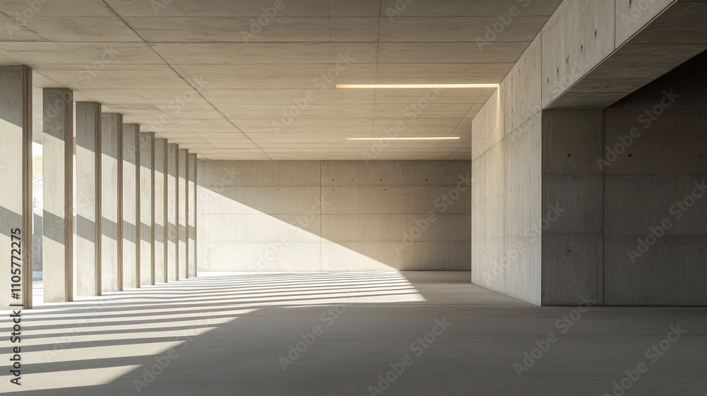 Poster modern concrete architecture featuring light and shadow play in an expansive space