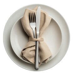 Cutlery on Plates with Beige Napkin on Transparent Background