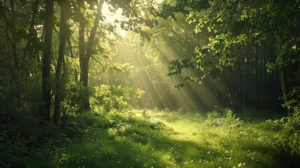 Fototapeta premium Beautiful Summer Day in a Green Forest with Sunlight Filtering Through