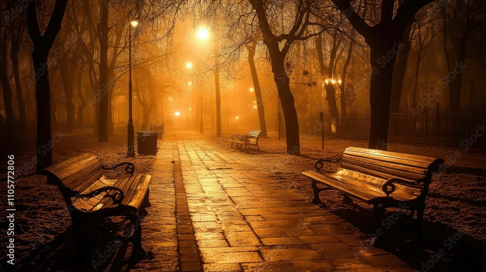 Poster Evening light diffused through dense fog in an empty park, creating soft, mysterious shadows across benches and trees