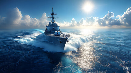 A large ship is sailing in the ocean with a city in the background. The sky is clear and the water is calm