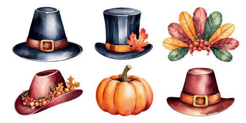 Thanksgiving Watercolor Clipart: A festive set of hand-painted watercolor elements perfect for your Thanksgiving designs.  Featuring pilgrim hats, a pumpkin, and autumn leaves.