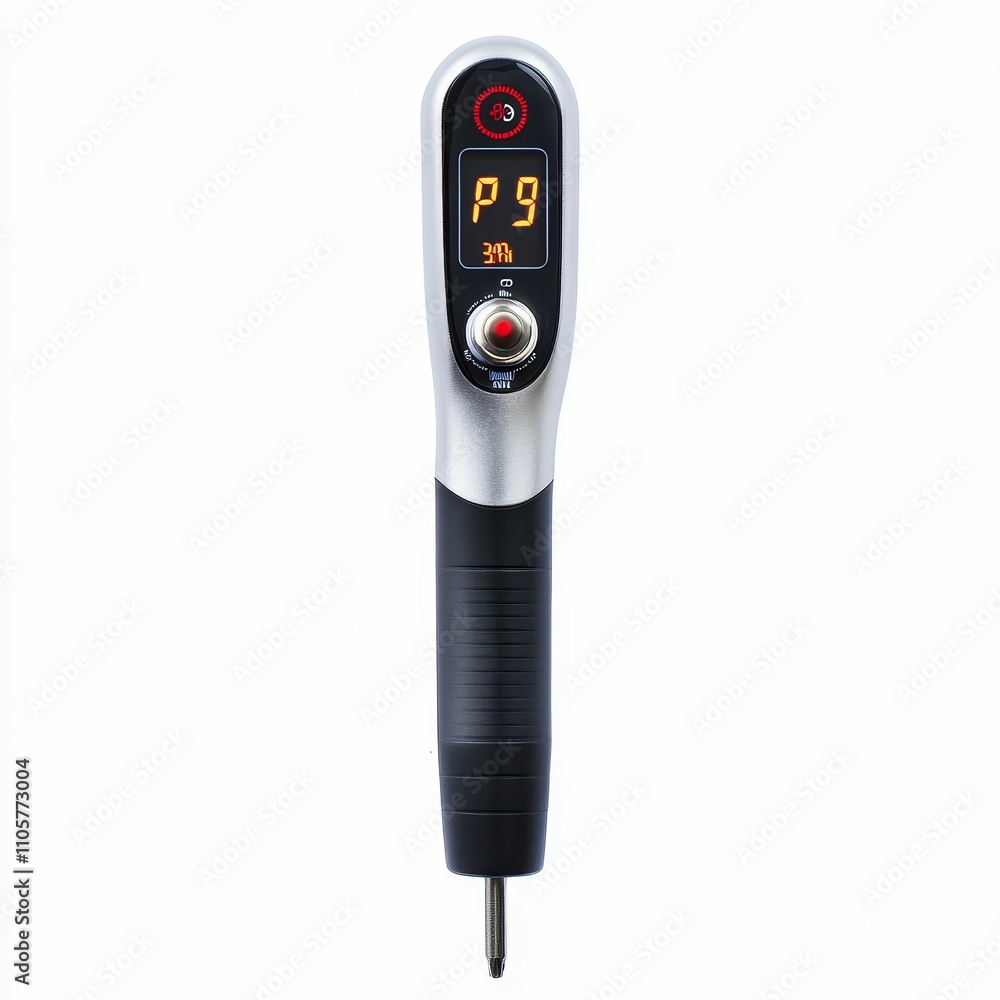 Poster electronic device with display, controls, and pointed tip.