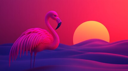 Naklejka premium Pink Flamingo Sunset Tropical Bird Vibrant Colors Summer Nature Beach Wildlife 3D Render Abstract