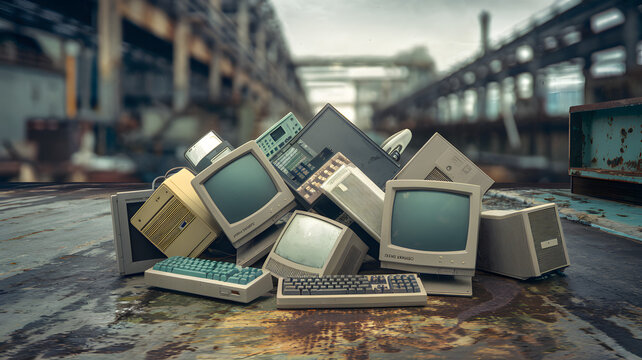 Electronic waste pile of discarded computer monitors, keyboards, and other electronic devices, symbolizing the growing issue of e-waste and the need for sustainable technology solutions.