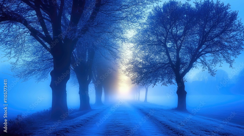 Poster fog enveloping a path with morning light gently breaking through, illuminating delicate tree silhoue