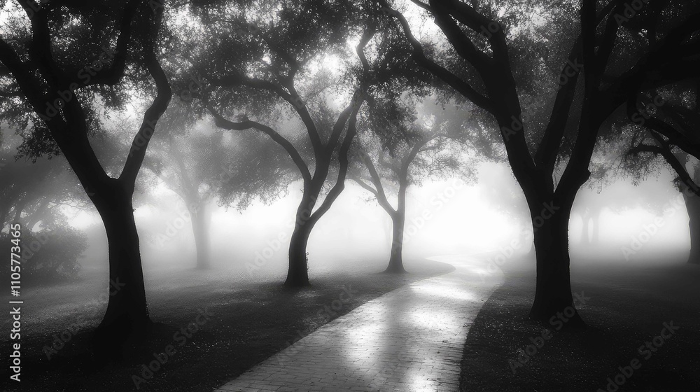 Poster fog enveloping a path with morning light gently breaking through, illuminating delicate tree silhoue