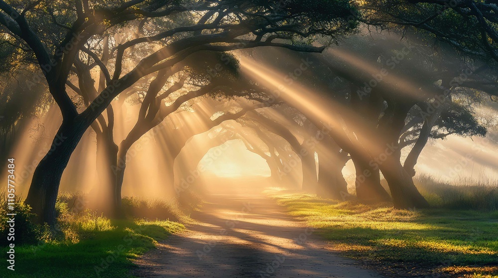 Poster fog enveloping a path with morning light gently breaking through, illuminating delicate tree silhoue