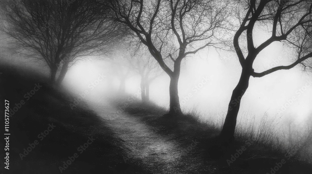 Poster fog enveloping a path with morning light gently breaking through, illuminating delicate tree silhoue