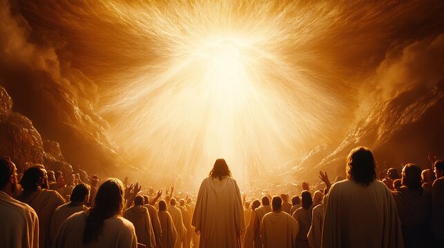 Jesus with his disciples praying against a backdrop of bright light streaming from heaven