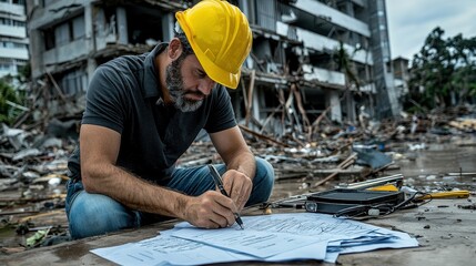Business owner filing claim for disaster interruption insurance urban resilience and document focus