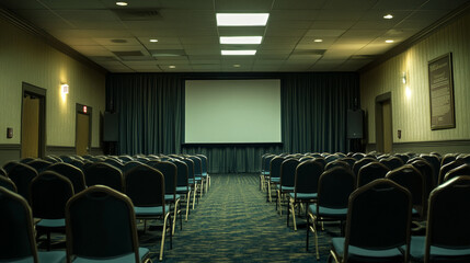 Fototapeta premium Conference room setup with rows of chairs and a projection screen in a hotel