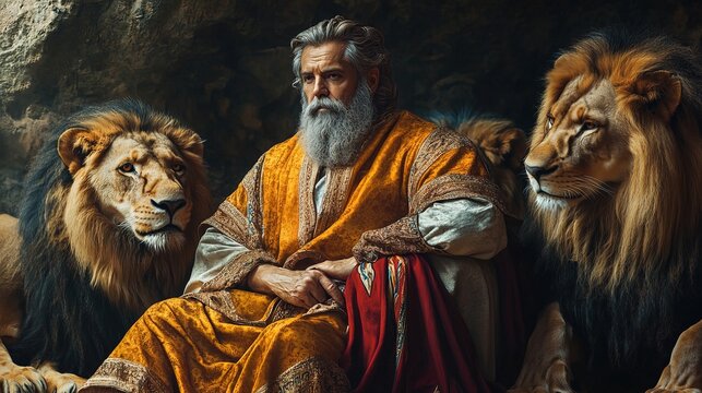 story from the Old Testament: the prophet Daniel in a den with lions who cannot harm him