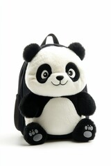 Obraz premium Plush panda-shaped backpack, sitting, white background.