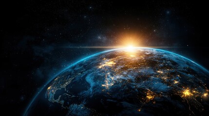 Obraz premium Stunning global sunrise a cosmic perspective on earth's renewable energy potential and environmental awareness