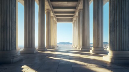 Fototapeta premium The entrance of the Parthenon, a view from inside looking out at columns with light and shadow on them