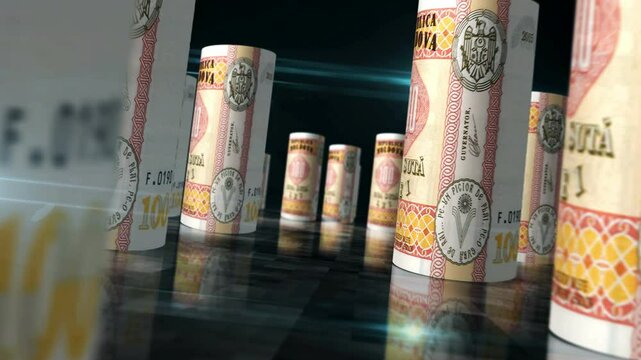 Moldova money Moldavian Lei rolls loop 3d. Money on table. Seamless and loopable abstract concept of economy, finance and business. Camera between 100 MDL rolled banknotes.