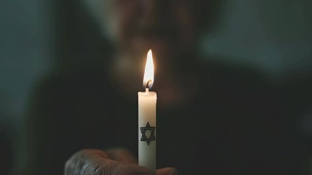 Hands holding burning candle with star of David in National mourning. Hanukkah, Passover, Shavuot, Yom Kippur holiday. Happy Independence Day of Israel, Memorial Day. Victims of cataclysm or war 