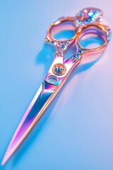 Decorative iridescent shears on blue background.