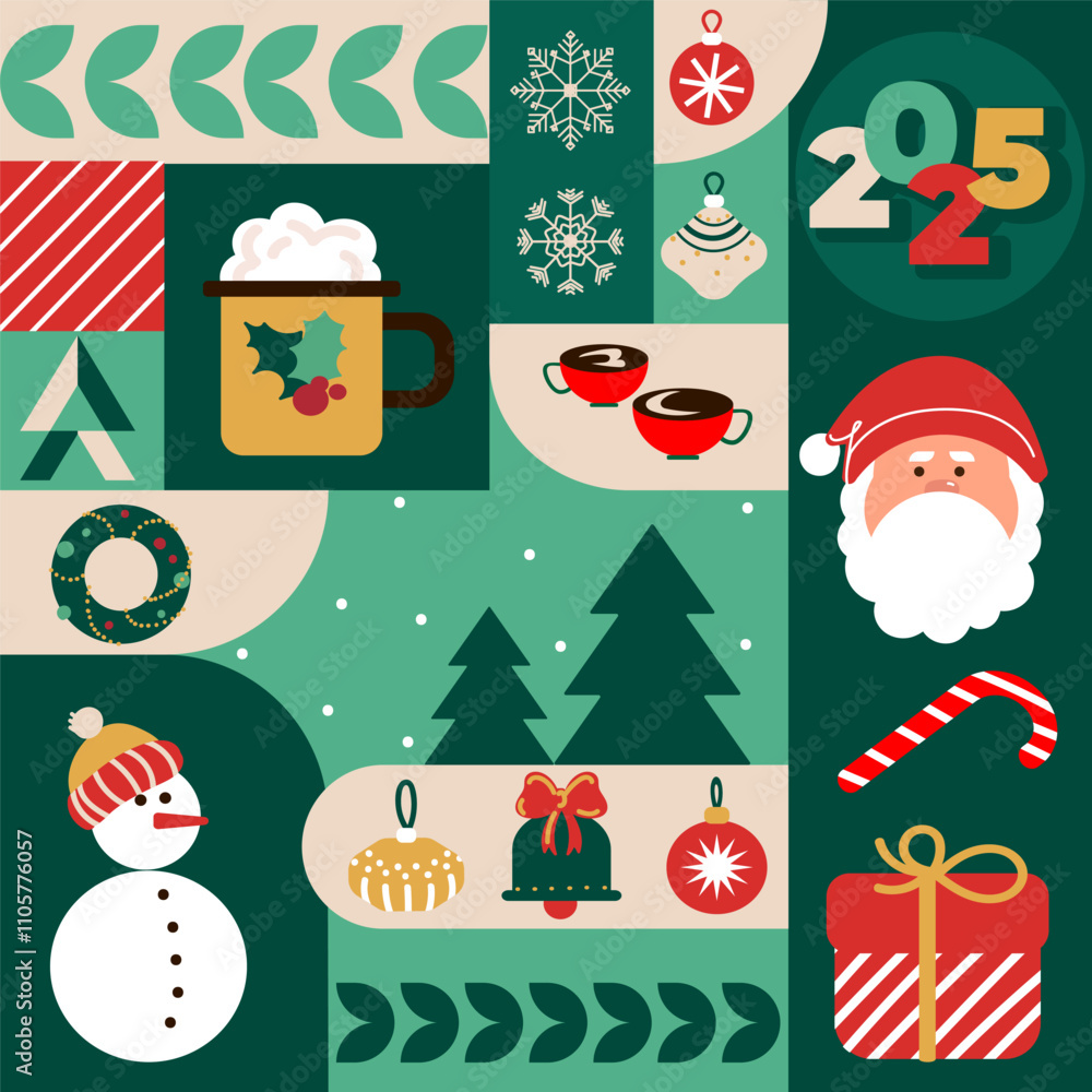 Poster christmas festive modern geometric pattern background in minimalistic style. xmas icons elements wit