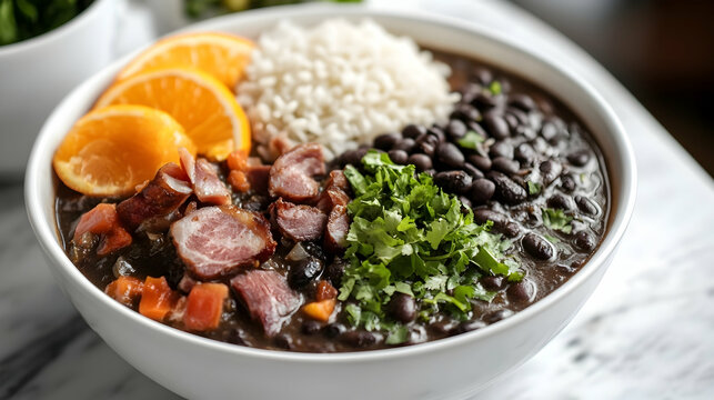 Authentic Brazilian Feijoada with Black Beans, Cured Meats, Orange Segments and Crispy Farofa, Traditional South American Comfort Food Photography