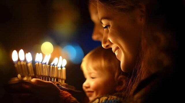 Happy Jewish mother and son celebrating Hanukkah. Portrait of orthodox Jewish family. Jewish festival of lights or Rosh Hashanah. Israel holiday