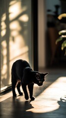 Black Cat Playing in Sunlight and Shadows