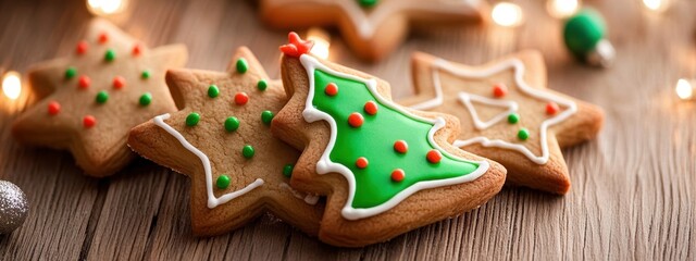 Festively Decorated Gingerbread Cookies on a Rustic Wooden Table Surrounded by Soft Glowing Lights, Perfect for Holiday Celebrations and Christmas Cheer
