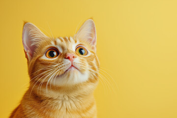 wide-eyed cat in vintage style, A curious orange cat gazes upward against a vibrant yellow backdrop, showcasing its expressive eyes and playful demeanor.