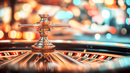 Close-up of roulette wheel in dimly lit casino ambiance.