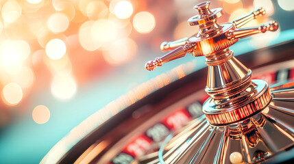 Close-up of roulette wheel in dimly lit casino ambiance.