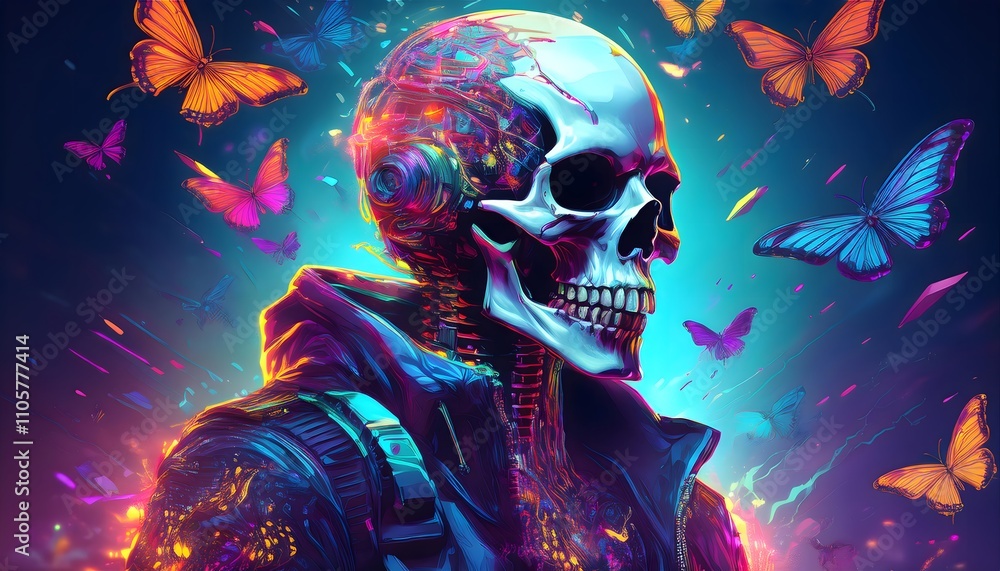Poster a skeleton in futuristic armor with butterflies in a vibrant, dynamic neon setting