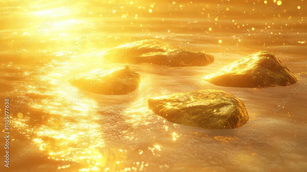Poster golden light breaking through surface waves, casting reflections and an ethereal glow on submerged s
