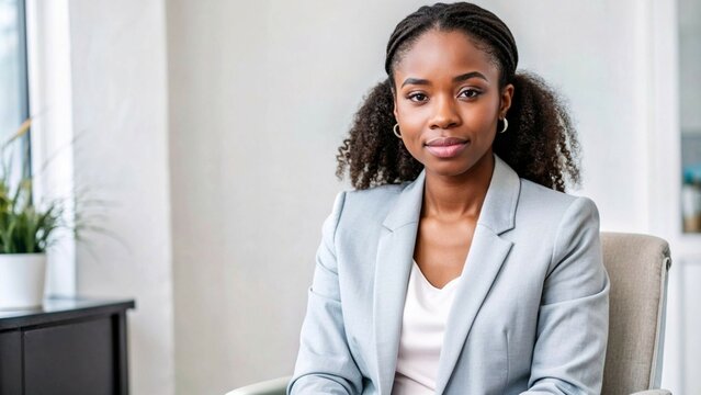 Confident young African businesswoman waiting for a job interview in a modern office setting