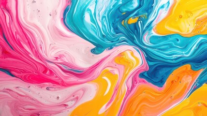 A vibrant swirl of pink, blue, and yellow colors creates a mesmerizing abstract pattern, showcasing fluid art techniques and dynamic movement.