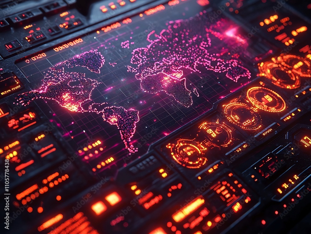 Poster glowing digital interface visualizing global communication and climate data in real time