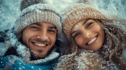Happy couple in love lying on a snowy surface with snow on their hats