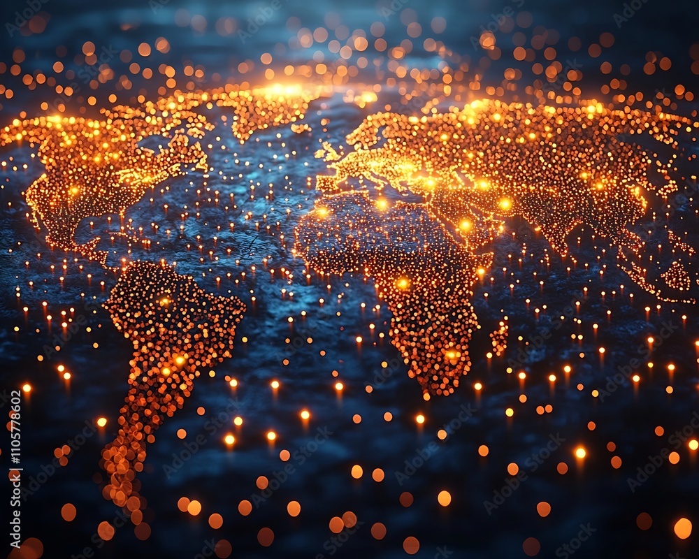 Poster visualizing global digital communication network with glowing dots map