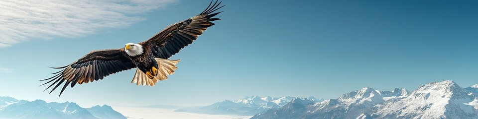 Obraz premium Eagle soaring over snowy mountains under blue sky