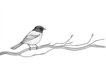 Hand-drawn monochrome bird on branch, minimalistic