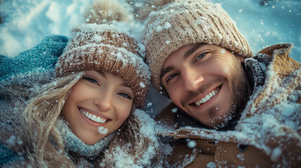 Happy couple in love lying on a snowy surface with snow on their hats