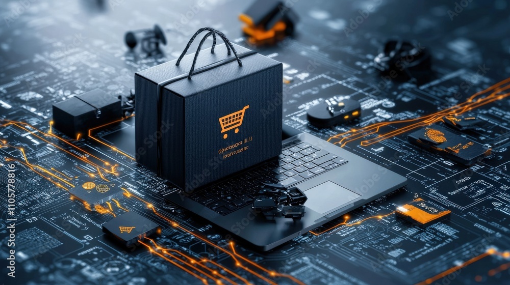 Poster Exploring e-commerce integration in technology infographic on digital shopping and electronic environments