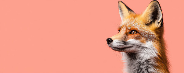 Obraz premium amazed fox with fluffy fur, A stunning close-up of a fox displaying its vibrant fur and keen gaze against a soft coral background.
