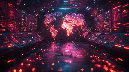 Futuristic Control Room with Glowing Holographic Displays Symbolizing Global Connectivity and Data Exchange