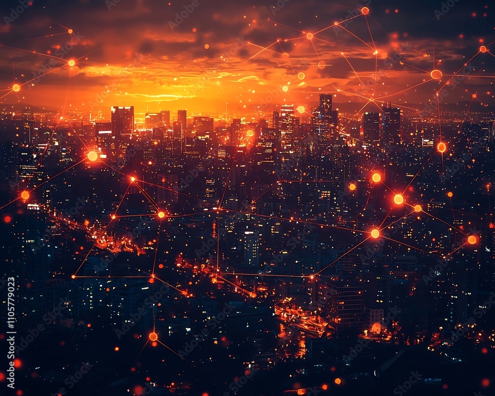 Canvas Prints futuristic cityscape with glowing neon communication networks connecting global devices