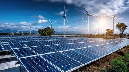 Renewable energy investment patterns solar farm infographic outdoor aerial view sustainable future insights