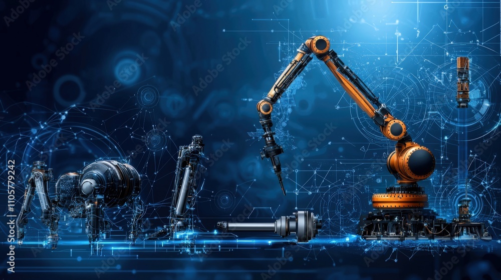 Poster innovative robotics mechanized creatures and industrial arms tech lab infographic digital realm futu