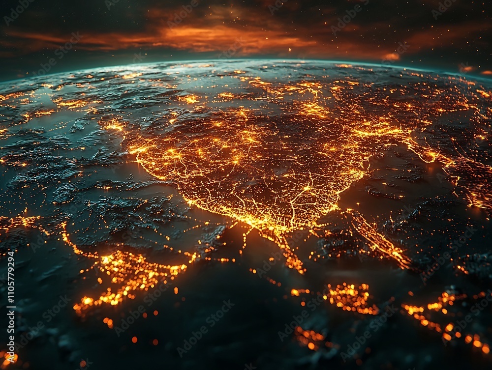 Poster glowing interconnected global cityscape representing digital communication and internet infrastructu