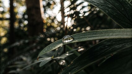 Close-up of a water droplet on a leaf reflecting a lush green forest for nature details